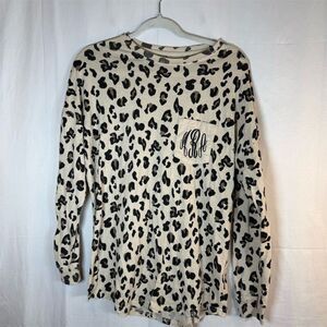 Marleylilly T-Shirt Womens Size S Beige Leopard Print Long Sleeve Monogram